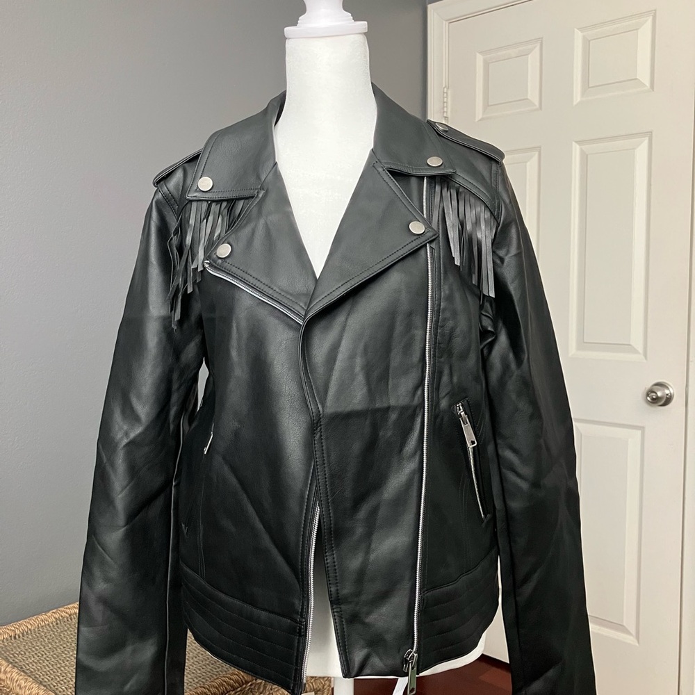CoffeeShop Black Leather Jacket with Fringe